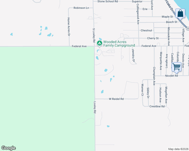 map of restaurants, bars, coffee shops, grocery stores, and more near 2069 South Loxley Road in Houghton Lake