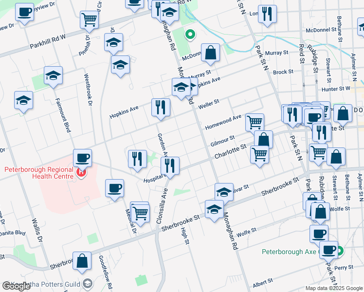 map of restaurants, bars, coffee shops, grocery stores, and more near 375 Albertus Avenue in Peterborough