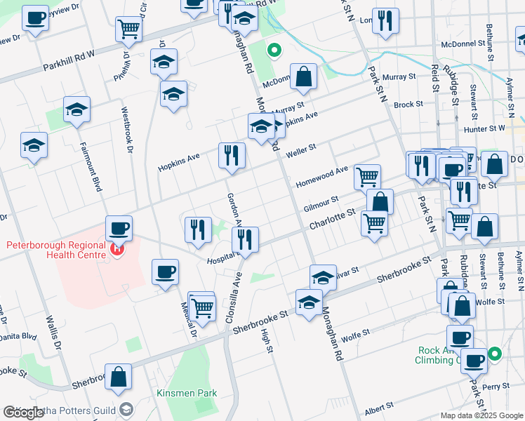 map of restaurants, bars, coffee shops, grocery stores, and more near in Peterborough