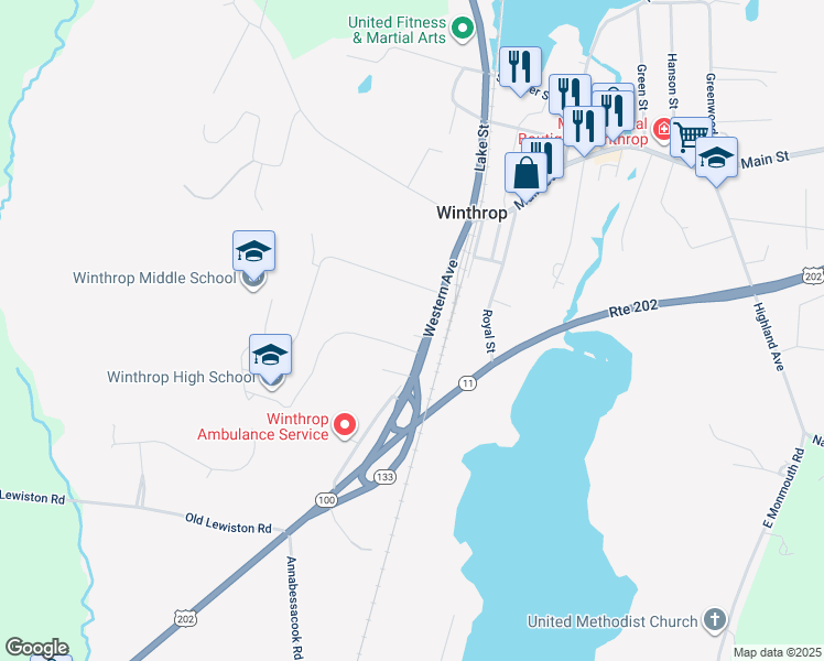 map of restaurants, bars, coffee shops, grocery stores, and more near 64 Maine 133 in Winthrop