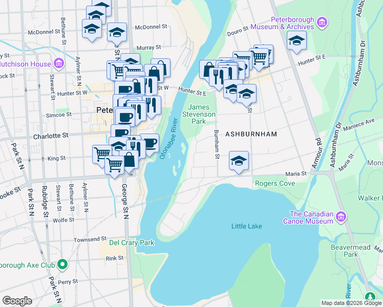map of restaurants, bars, coffee shops, grocery stores, and more near in Peterborough