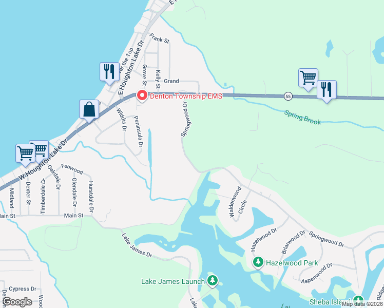 map of restaurants, bars, coffee shops, grocery stores, and more near Springwood Drive in Denton Township