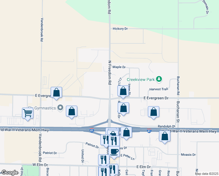 map of restaurants, bars, coffee shops, grocery stores, and more near 3345 Streamview Lane in Appleton