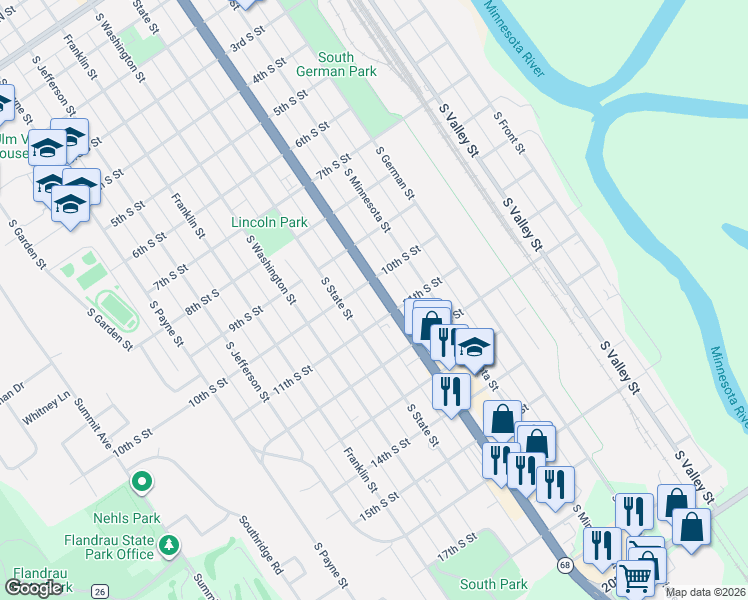 map of restaurants, bars, coffee shops, grocery stores, and more near 1011 South Broadway Street in New Ulm
