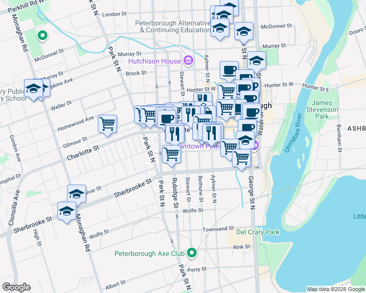 map of restaurants, bars, coffee shops, grocery stores, and more near 303 Stewart Street in Peterborough
