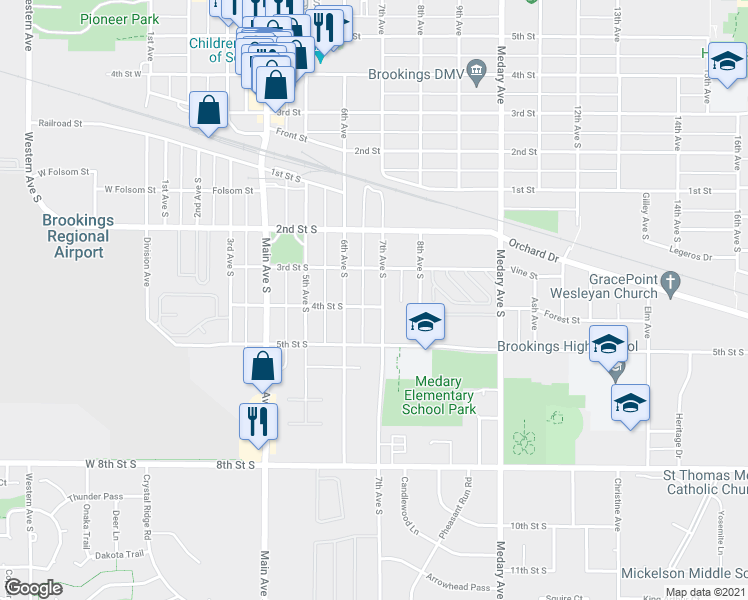 map of restaurants, bars, coffee shops, grocery stores, and more near 324 7th Avenue South in Brookings