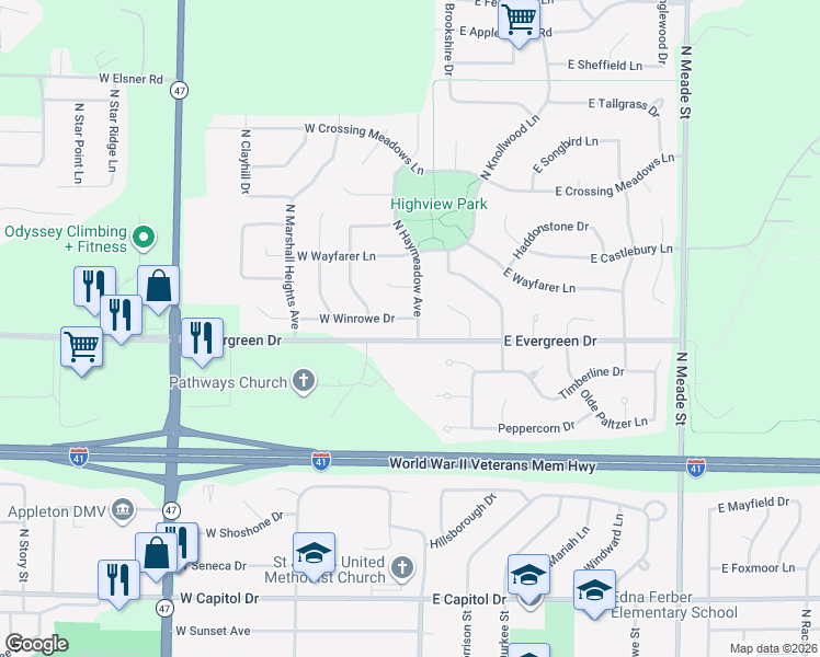 map of restaurants, bars, coffee shops, grocery stores, and more near 4112 North Haymeadow Avenue in Appleton