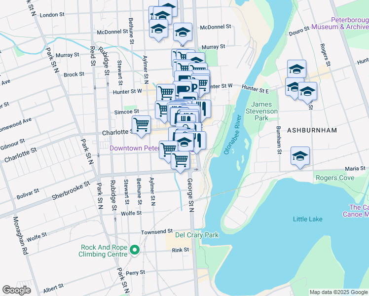 map of restaurants, bars, coffee shops, grocery stores, and more near 150 King Street in Peterborough