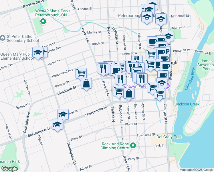 map of restaurants, bars, coffee shops, grocery stores, and more near 296 Park Street North in Peterborough