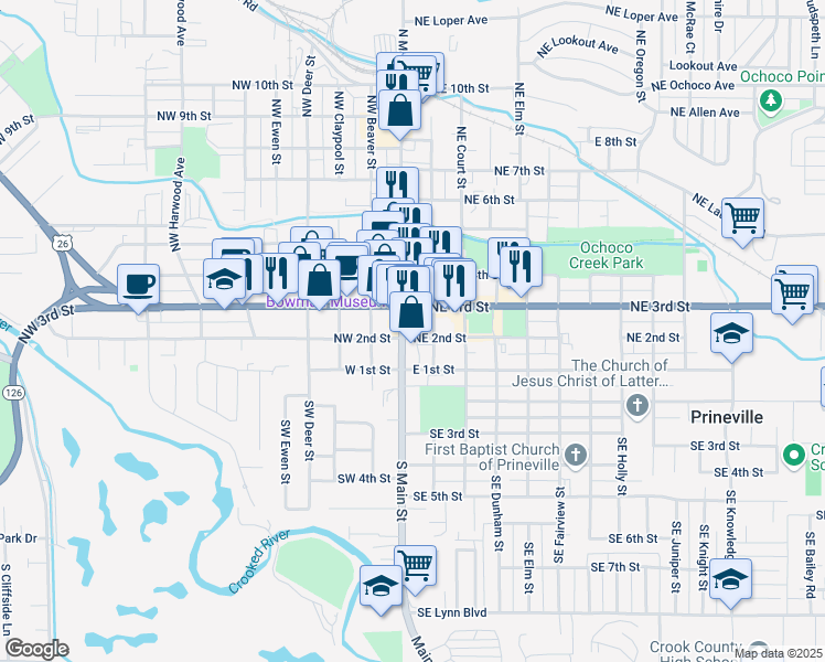 map of restaurants, bars, coffee shops, grocery stores, and more near 136 Northeast 3rd Street in Prineville