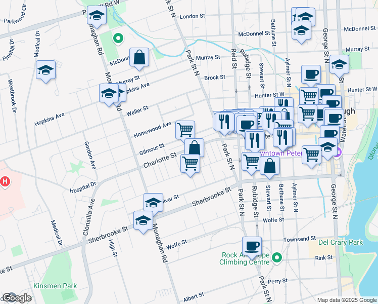 map of restaurants, bars, coffee shops, grocery stores, and more near 320 Maitland Avenue in Peterborough