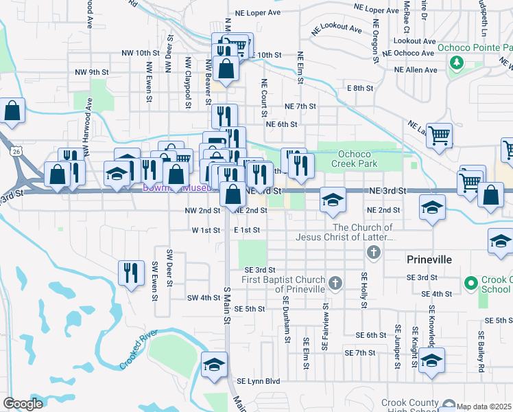 map of restaurants, bars, coffee shops, grocery stores, and more near 136 Northeast 3rd Street in Prineville