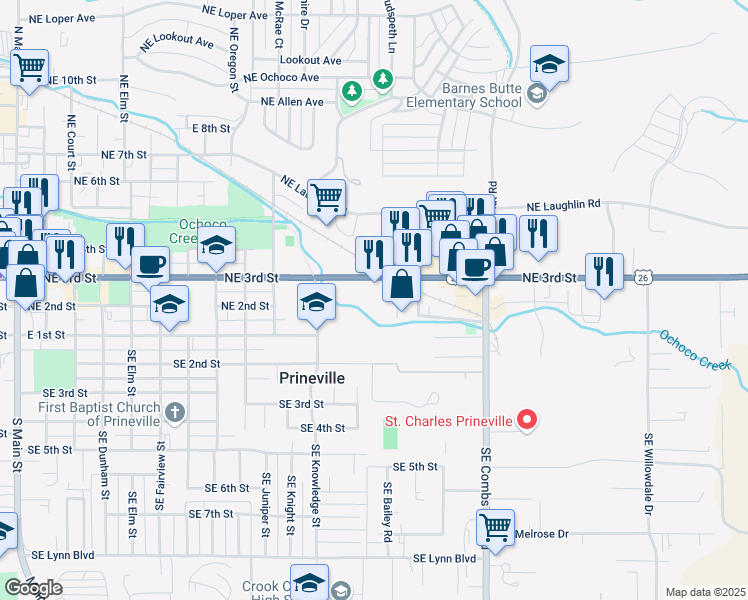 map of restaurants, bars, coffee shops, grocery stores, and more near 1250 Northeast 3rd Street in Prineville