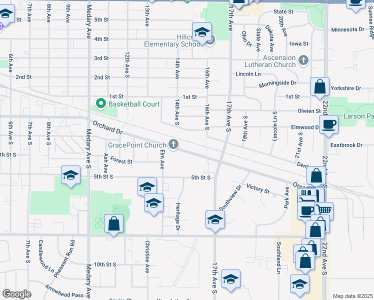 map of restaurants, bars, coffee shops, grocery stores, and more near 1501 Orchard Drive in Brookings