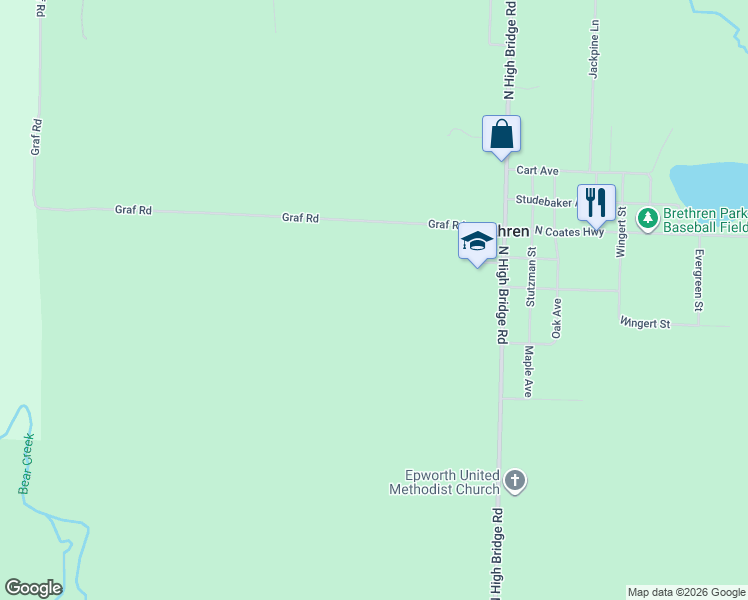 map of restaurants, bars, coffee shops, grocery stores, and more near 13723 Graf Road in Brethren