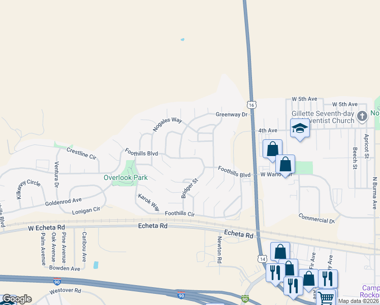 map of restaurants, bars, coffee shops, grocery stores, and more near 804 Greenway Drive in Gillette