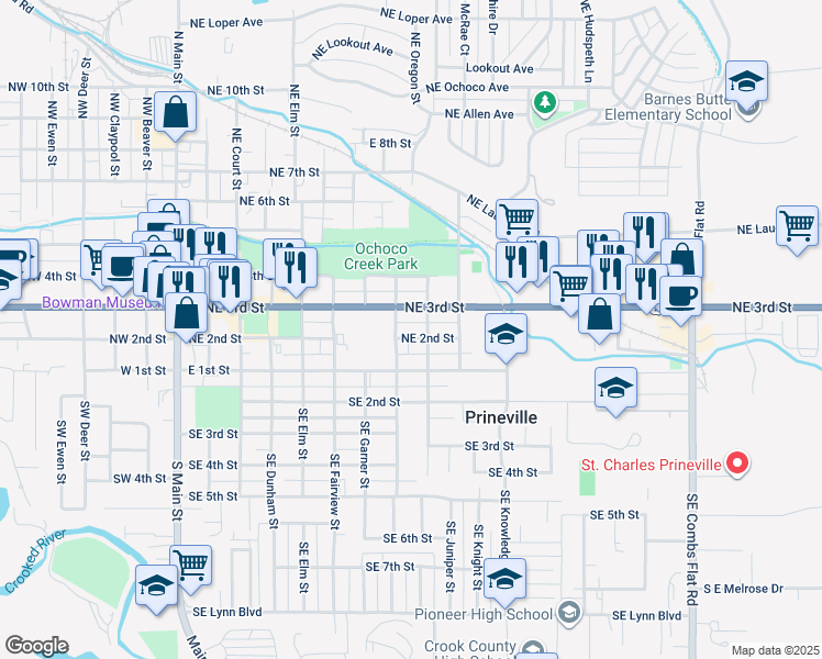 map of restaurants, bars, coffee shops, grocery stores, and more near 270 Northeast Holly Street in Prineville