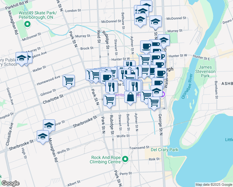 map of restaurants, bars, coffee shops, grocery stores, and more near 303 Stewart Street in Peterborough