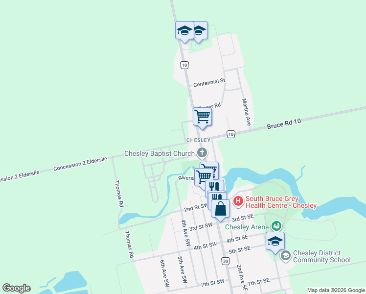 map of restaurants, bars, coffee shops, grocery stores, and more near 28 4th Street Northwest in Chesley