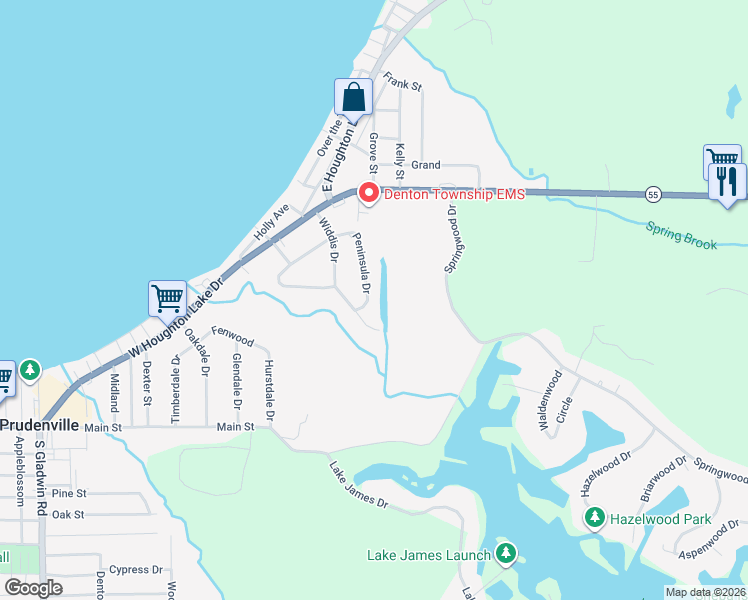 map of restaurants, bars, coffee shops, grocery stores, and more near 113 Peninsula Drive in Roscommon County