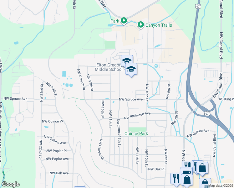 map of restaurants, bars, coffee shops, grocery stores, and more near 1442 Northwest Spruce Court in Redmond