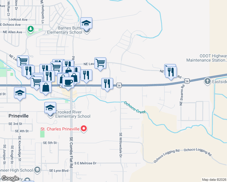 map of restaurants, bars, coffee shops, grocery stores, and more near 2102 Northeast 3rd Street in Prineville