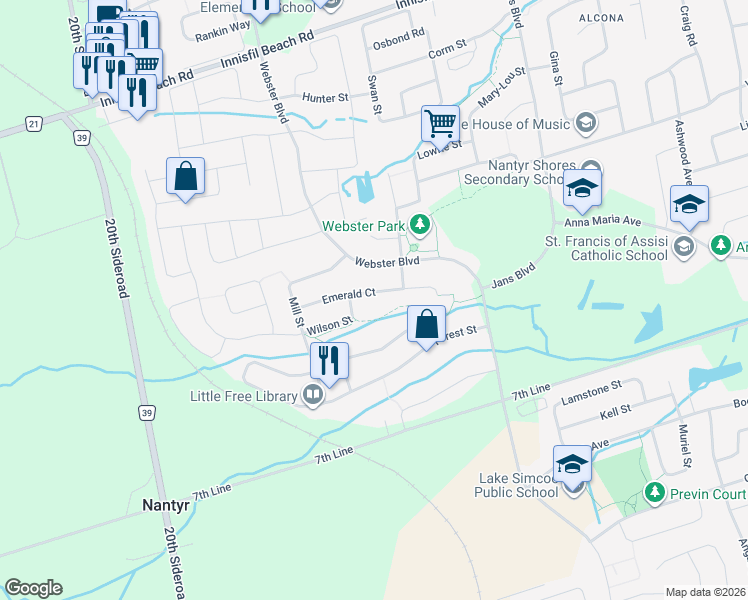map of restaurants, bars, coffee shops, grocery stores, and more near 1916 Emerald Court in Innisfil