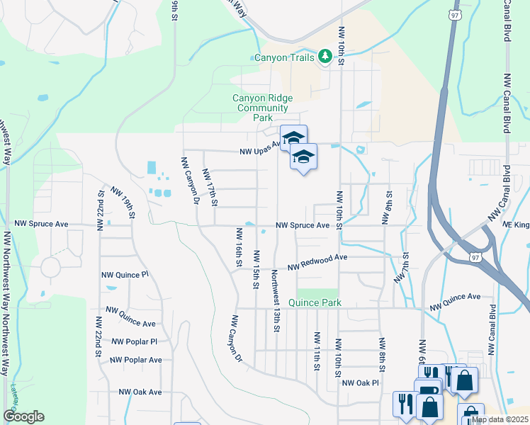 map of restaurants, bars, coffee shops, grocery stores, and more near 1442 Northwest Spruce Court in Redmond