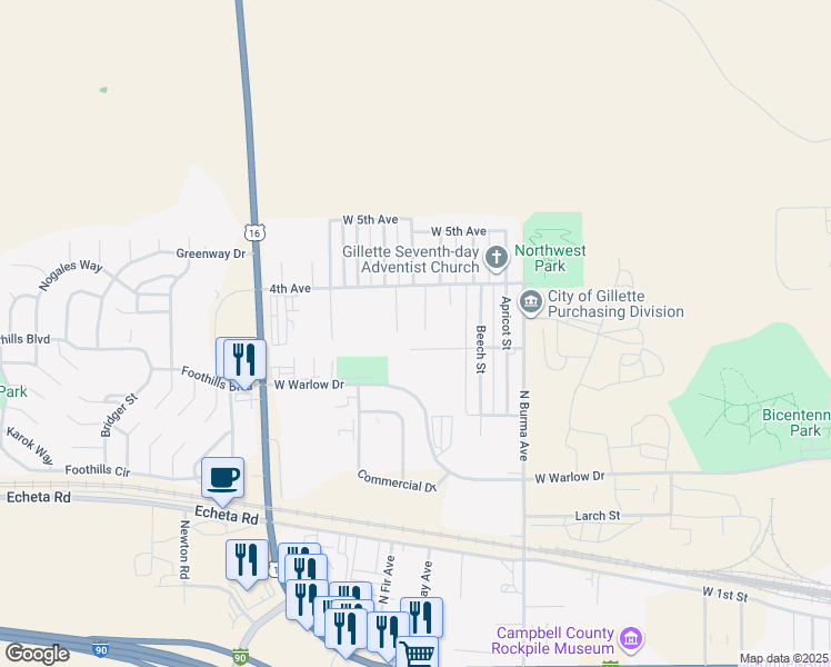 map of restaurants, bars, coffee shops, grocery stores, and more near 805 North Elm Court in Gillette