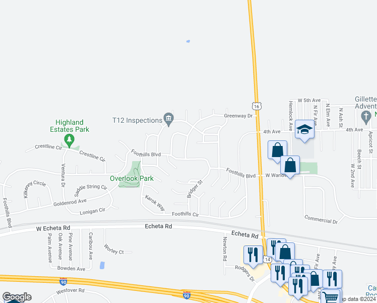 map of restaurants, bars, coffee shops, grocery stores, and more near 804 Greenway Drive in Gillette
