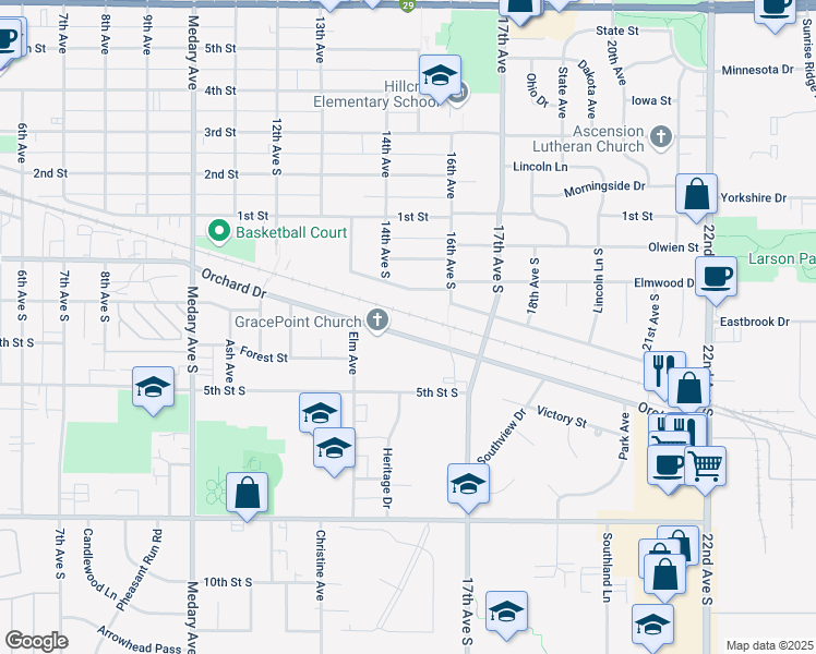 map of restaurants, bars, coffee shops, grocery stores, and more near 1501 Orchard Drive in Brookings