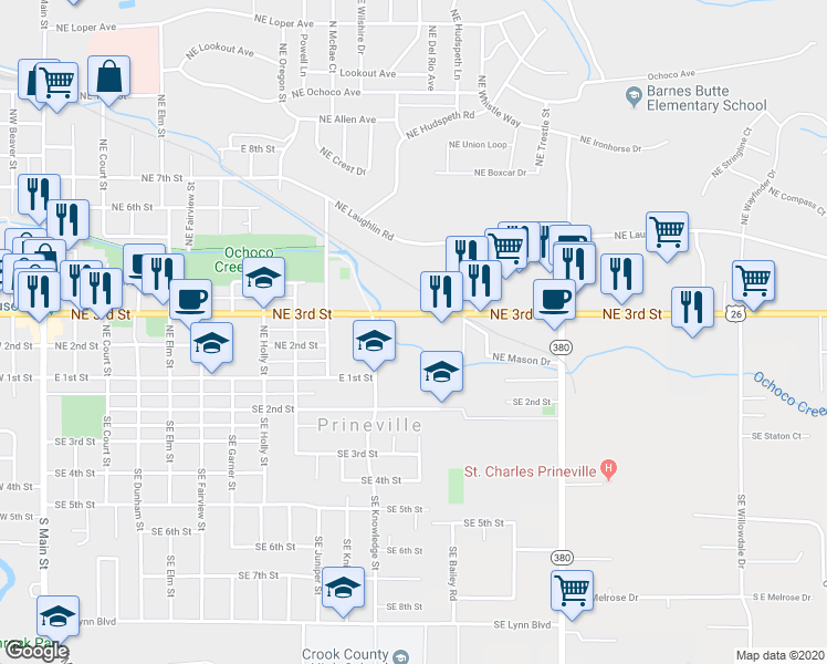 map of restaurants, bars, coffee shops, grocery stores, and more near 1250 Northeast 3rd Street in Prineville
