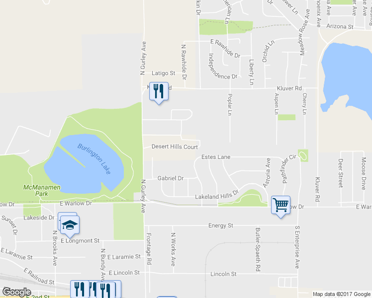 map of restaurants, bars, coffee shops, grocery stores, and more near 45 Desert Hills Court in Gillette
