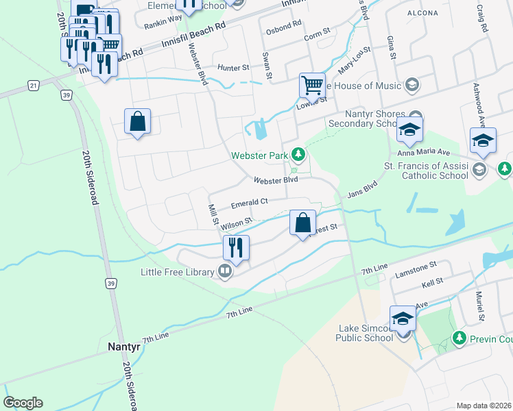 map of restaurants, bars, coffee shops, grocery stores, and more near 1916 Emerald Court in Innisfil