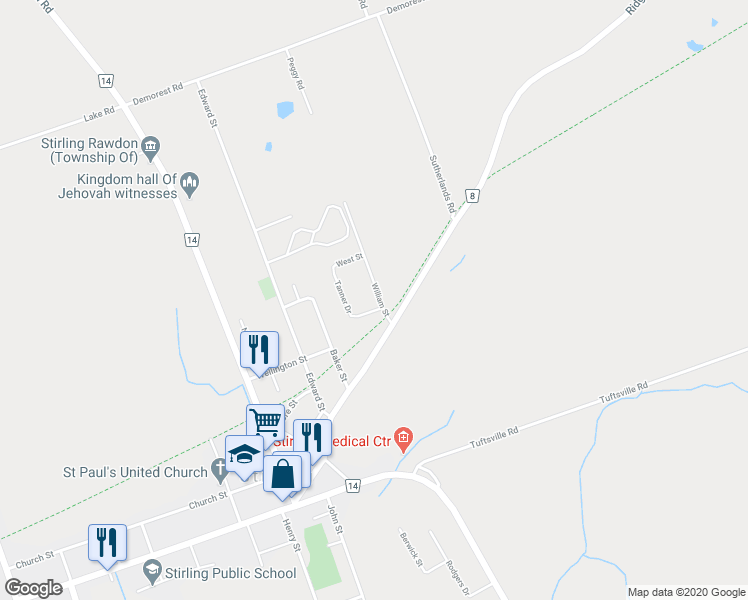 map of restaurants, bars, coffee shops, grocery stores, and more near 202 William Street in Stirling