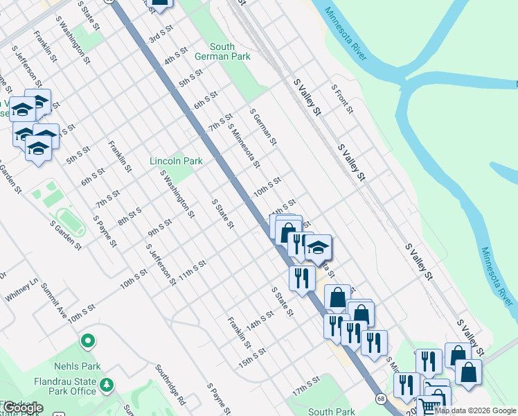 map of restaurants, bars, coffee shops, grocery stores, and more near 1011 South Broadway Street in New Ulm