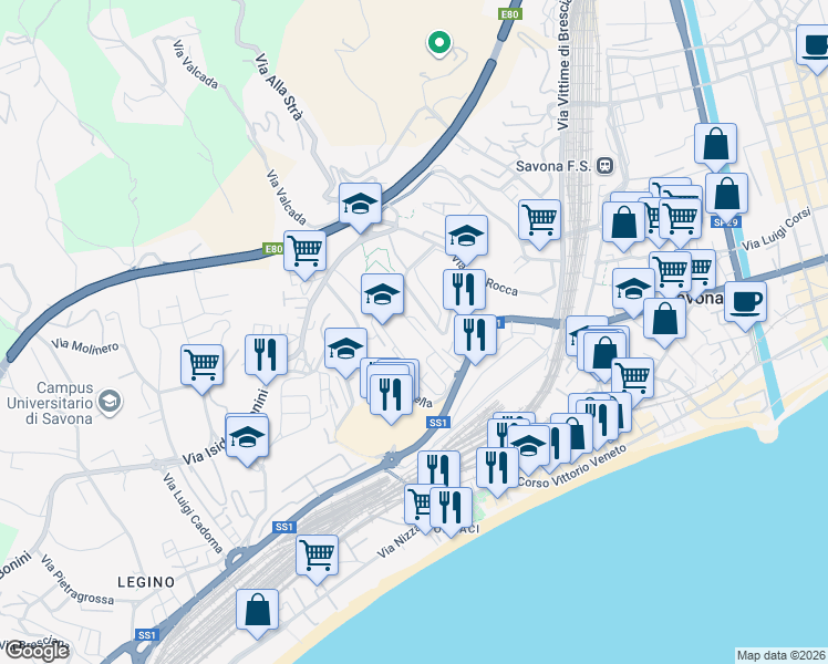 map of restaurants, bars, coffee shops, grocery stores, and more near 67 Via Osvaldo Gnocchi Viani in Savona