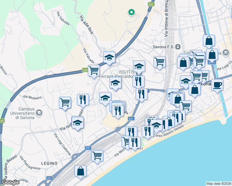 map of restaurants, bars, coffee shops, grocery stores, and more near 67 Via Osvaldo Gnocchi Viani in Savona