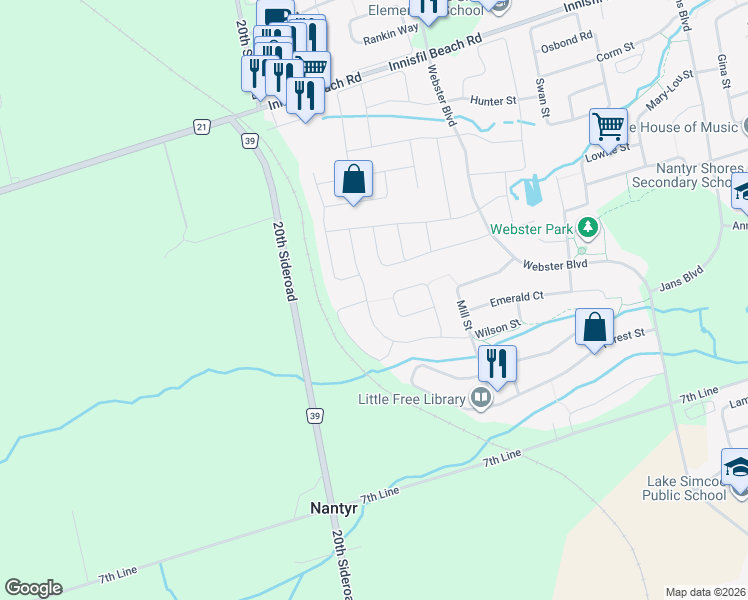 map of restaurants, bars, coffee shops, grocery stores, and more near 2087 Wilson Street in Innisfil
