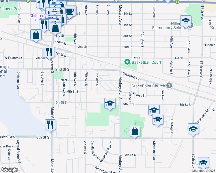 map of restaurants, bars, coffee shops, grocery stores, and more near 300 Medary Avenue South in Brookings