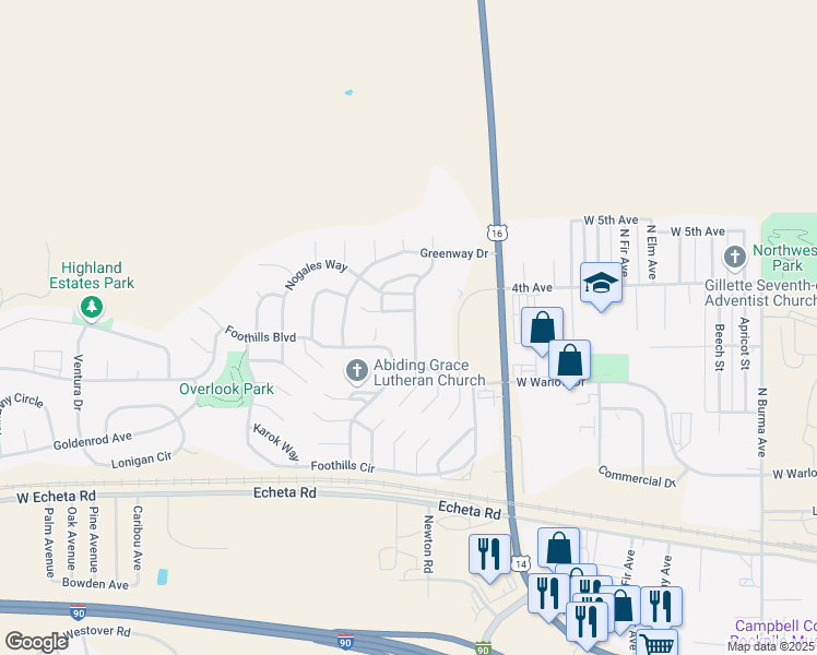 map of restaurants, bars, coffee shops, grocery stores, and more near 805 Mountain Meadow Drive in Gillette