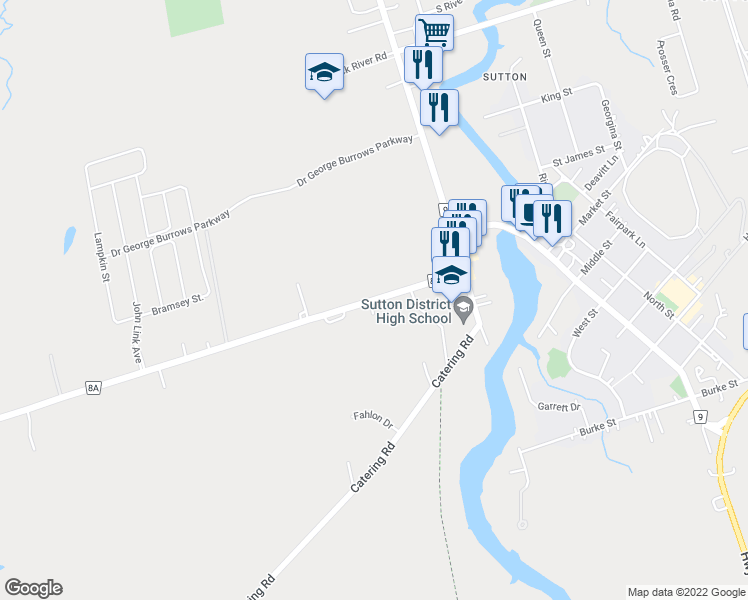 map of restaurants, bars, coffee shops, grocery stores, and more near 135 Baseline Road in Georgina