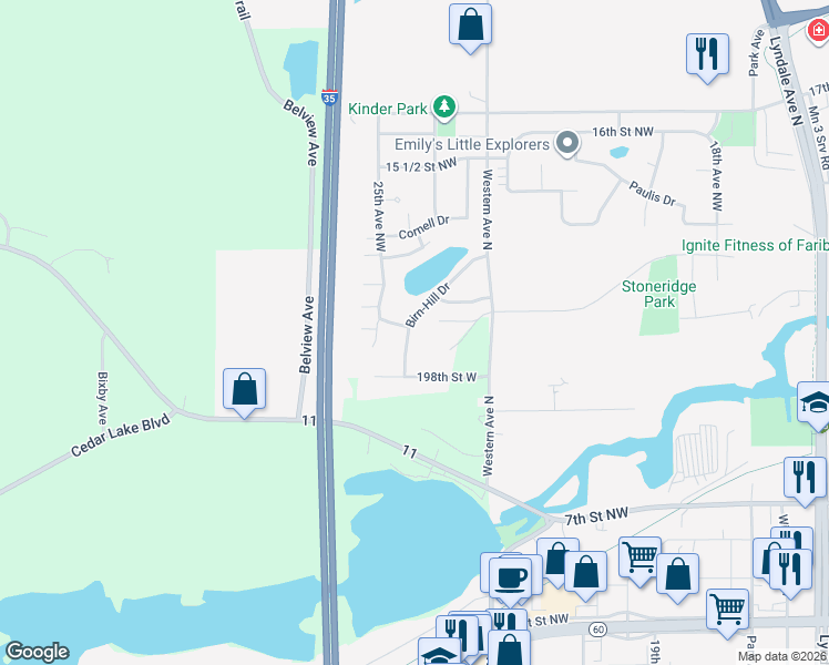 map of restaurants, bars, coffee shops, grocery stores, and more near 2441 Birn-Hill Drive in Faribault