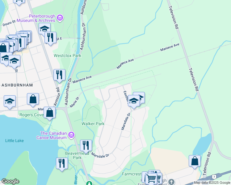 map of restaurants, bars, coffee shops, grocery stores, and more near 2185 Meadowview Road in Peterborough