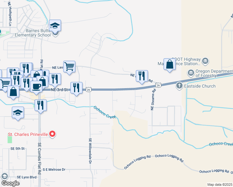 map of restaurants, bars, coffee shops, grocery stores, and more near 2402 Northeast 3rd Street in Prineville