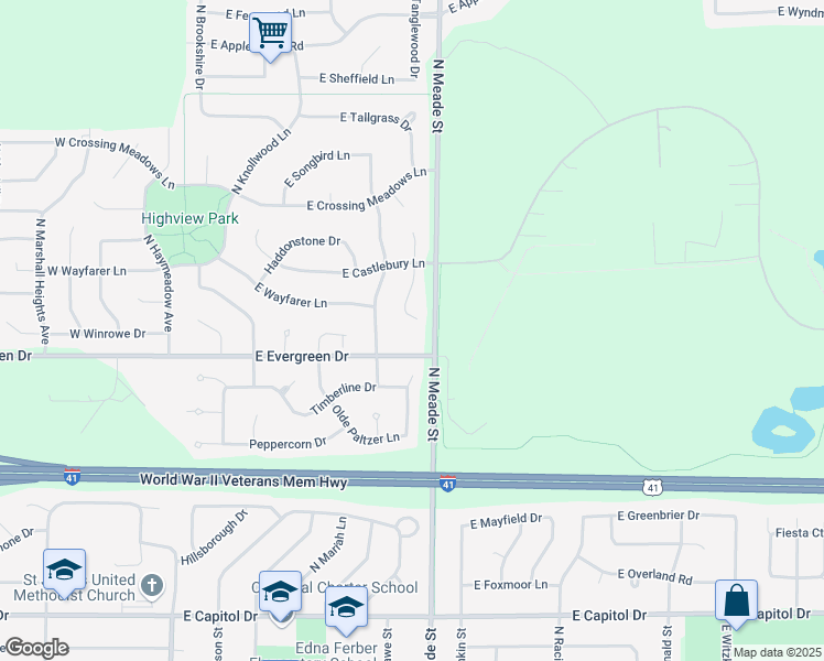 map of restaurants, bars, coffee shops, grocery stores, and more near 4109 North Terraview Drive in Appleton