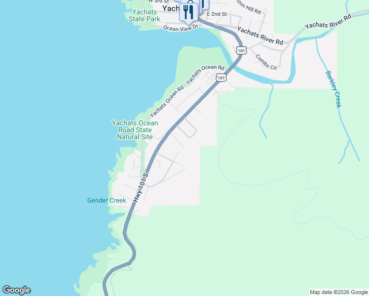 map of restaurants, bars, coffee shops, grocery stores, and more near 572 Hill Ct in Yachats