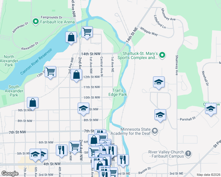 map of restaurants, bars, coffee shops, grocery stores, and more near 1028 1st Avenue Northeast in Faribault
