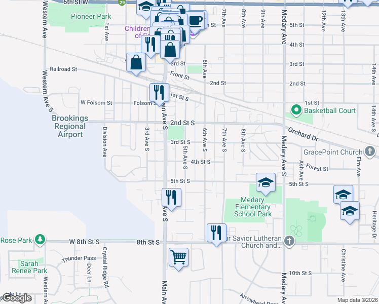 map of restaurants, bars, coffee shops, grocery stores, and more near 315 5th Avenue South in Brookings