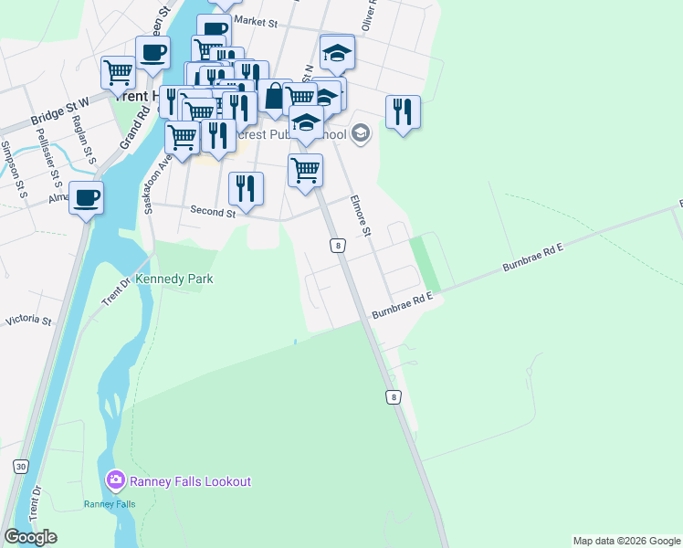 map of restaurants, bars, coffee shops, grocery stores, and more near 160 Centre Street in Trent Hills